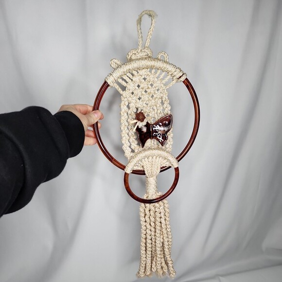 Macrame VTG Towel Holder with Ceramic Butterfly Holder 2 4" Wall Hanging Boho - Picture 10 of 12